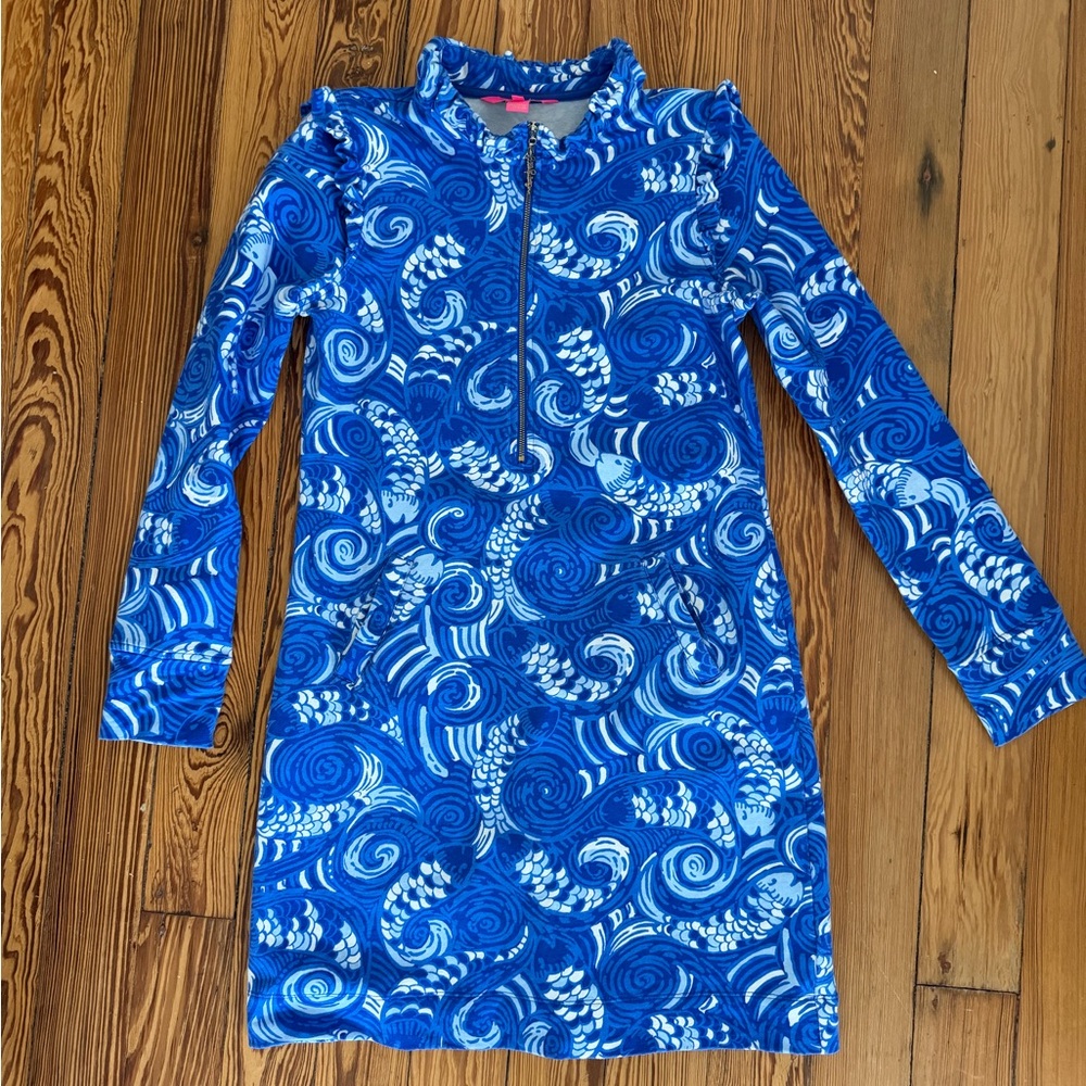 Lilly Pulitzer Ruffled Sleeves Skipper Long Sleeve UPF 50+ Dress Blue Grotto S